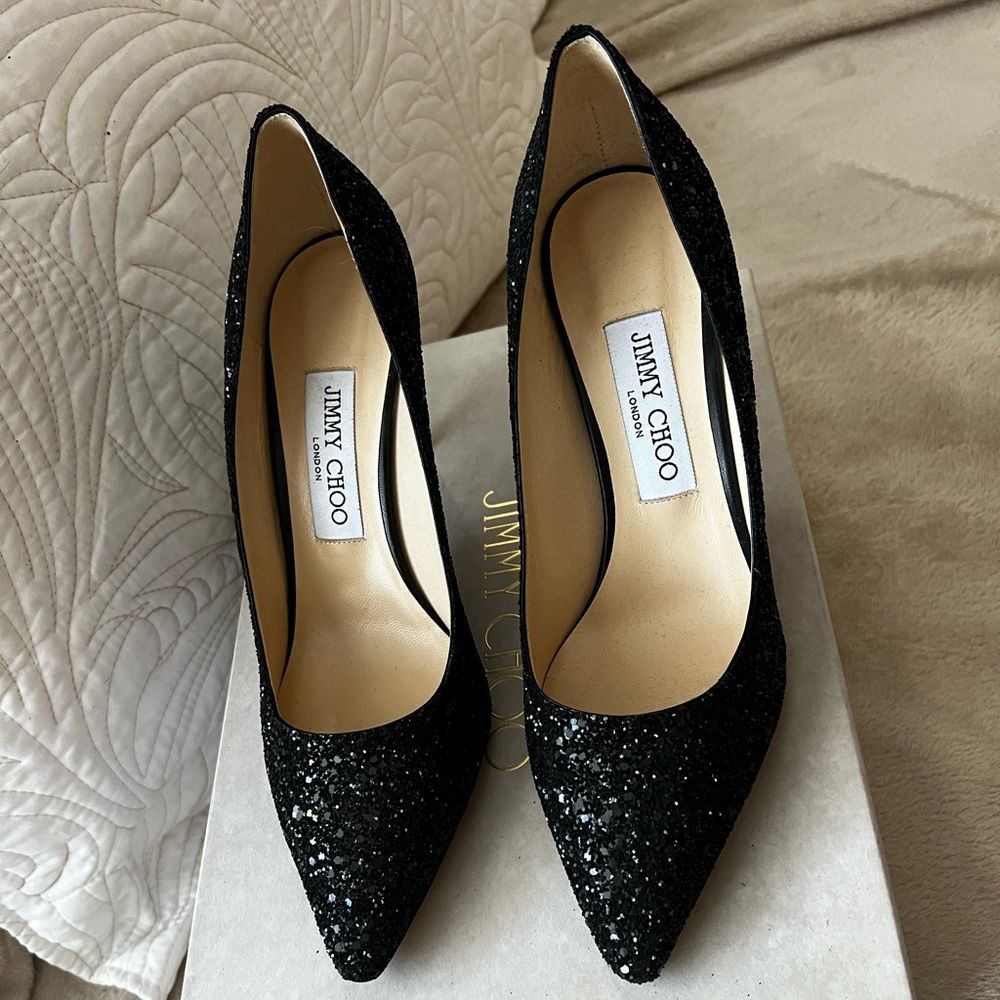 NEW Jimmy Choo Romy 85 Black Glitter Heels